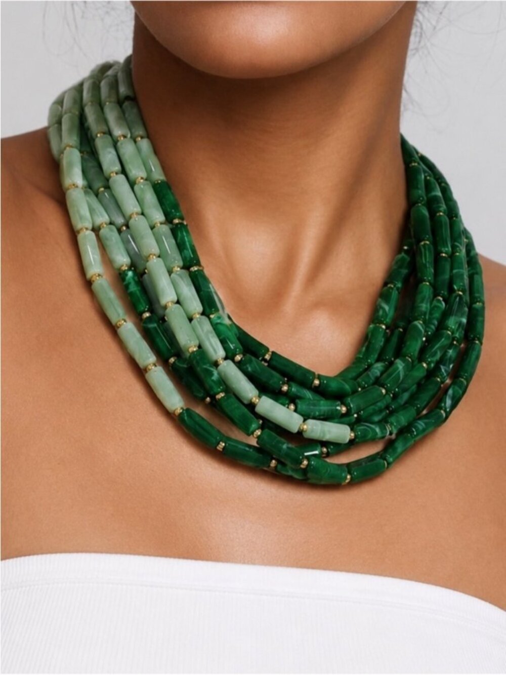 New! Coastal Green Colorblock Beaded Stack Statement Necklace NWOT